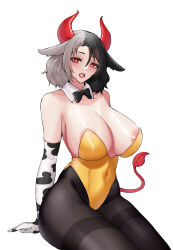 Rule 34 | 1girl, alternate costume, animal ears, arms behind back, black bow, black bowtie, black hair, black pantyhose, bow, bowtie, breasts, cleavage, cow ears, cow girl, cow horns, cow tail, detached collar, elbow gloves, gloves, grey hair, highres, horns, huge breasts, leotard, looking at viewer, multicolored hair, navel, nipple slip, nipples, open mouth, pantyhose, playboy bunny, red eyes, red horns, saturnate492, simple background, sitting, tail, touhou, two-tone hair, ushizaki urumi, white background, yellow leotard