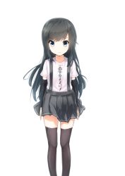 Rule 34 | 10s, 1girl, arm warmers, arms at sides, asashio (kancolle), black hair, black thighhighs, blouse, blue eyes, clothes writing, eyebrows, kantai collection, long hair, looking at viewer, moonstar, open mouth, pleated skirt, shirt, short sleeves, simple background, skirt, smile, solo, suspenders, text focus, thighhighs, white background, white shirt, zettai ryouiki