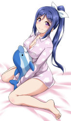 Rule 34 | 1girl, bare legs, barefoot, bed sheet, between legs, blue hair, blush, bow, breasts, cleavage, full body, hair bow, hand between legs, highres, holding, holding stuffed toy, long hair, long sleeves, looking at viewer, love live!, love live! school idol festival, love live! sunshine!!, matsuura kanan, medium breasts, pajamas, ponytail, purple eyes, sitting, smile, solo, star (symbol), star print, stuffed animal, stuffed dolphin, stuffed toy, wariza, white background, white bow, yopparai oni