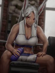 Rule 34 | 1girl, abs, absurdres, alternate hairstyle, animal ears, barbell, bench press, boku no hero academia, bottle, breasts, cleavage, dark-skinned female, dark skin, gym, hair over one eye, hand on own thigh, highres, holding, holding bottle, hunched over, indoors, large breasts, long hair, looking at viewer, midriff, mirko, muscular, muscular female, nail polish, navel, numanoan, ponytail, purple trim, rabbit ears, rabbit girl, red eyes, red nails, resting, shorts, sidelocks, sitting, solo, sports bra, sweat, thick thighs, thighs, toned, towel, towel around neck, water bottle, weights, white hair, white shorts, white sports bra