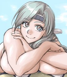 Rule 34 | 1girl, bikini, unworn bikini, bikini top only, blue eyes, breast press, breasts, chitose (kancolle), green hair, headband, highres, huge breasts, kantai collection, long hair, looking at viewer, lying, on stomach, ponytail, sky, smile, solo, sozan, swimsuit, topless, twitter username