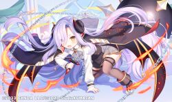 Rule 34 | 1girl, :d, arm support, black footwear, black jacket, black wings, boots, brown thighhighs, chain, character request, collared shirt, commentary request, copyright notice, curled horns, eyes visible through hair, grey skirt, hair over one eye, highres, holding, holding weapon, horns, jacket, jacket on shoulders, komachi pochi, long hair, long sleeves, looking at viewer, low wings, official art, open mouth, parted bangs, pillar, pleated skirt, puffy long sleeves, puffy sleeves, purple hair, shirt, skirt, sleeves past wrists, smile, solo, thighhighs, thighhighs under boots, twinkle star knights, very long hair, weapon, weapon request, white shirt, wings, yellow eyes