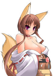 Rule 34 | 1girl, acguy, animal ears, bad id, bad tinami id, breasts, brown hair, fox ears, fox tail, huge breasts, japanese clothes, jun&#039;you maru, miko, original, purple eyes, ribbon, robot, simple background, sweatdrop, tail, undressing, white background