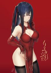 Rule 34 | 1girl, bare shoulders, black hair, black thighhighs, breasts, china dress, chinese clothes, cleavage, cleavage cutout, closed mouth, clothing cutout, commentary request, covered navel, cowboy shot, dress, earrings, elbow gloves, gloves, groin, hair ribbon, hayabusa (vert 320), highres, jewelry, large breasts, long hair, looking at viewer, mole, mole on body, mole on breast, mole on pussy, no panties, one side up, original, pelvic curtain, red background, red dress, red gloves, red ribbon, ribbon, signature, sleeveless, sleeveless dress, smile, standing, thighhighs