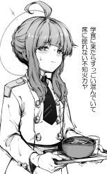 Rule 34 | 1girl, ahoge, blue archive, blush, bowl, breasts, buttons, closed mouth, collared jacket, cup, double-breasted, frown, furrowed brow, gloves, greyscale, half-closed eyes, halo, highres, holding, holding tray, jacket, kaya (blue archive), long hair, long sleeves, looking at viewer, monochrome, necktie, nihudau, skirt, small breasts, solo, sweat, translation request, tray, trembling, upper body
