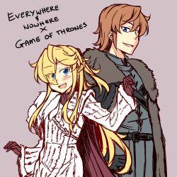 Rule 34 | 1boy, 1girl, a song of ice and fire, absurdres, bad id, bad twitter id, blonde hair, blush, brown hair, cape, coat, commentary, english text, game of thrones, gloves, highres, looking at viewer, merryweather, open mouth, simple background, winter clothes