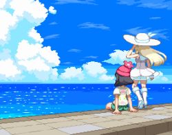 Rule 34 | 2girls, animated, animated gif, arm at side, arm support, arm up, beanie, black hair, blonde hair, blue sky, boots, creatures (company), day, dress, evening, floating hair, from behind, game freak, green shorts, hand in own hair, hat, horizon, knee boots, lillie (pokemon), long hair, multiple girls, nintendo, ocean, outdoors, pier, pixel art, pokemon, pokemon sm, red hat, sailor dress, see-through, selene (pokemon), shirokuro (oyaji), shirt, short hair, short sleeves, shorts, sitting, sky, standing, star (sky), starry sky, sun hat, sundress, sunset, water, white dress, white hat, wind, yellow shirt