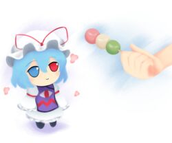 Rule 34 | 1girl, 1other, blue eyes, blue hair, closed mouth, commentary, commission, cosplay, dango, dress, english commentary, food, fumo (doll), hat, hat ribbon, heterochromia, holding, holding food, lad der, red eyes, red ribbon, ribbon, sanshoku dango, short hair, smile, tabard, tatara kogasa, touhou, wagashi, white dress, white headwear, yakumo yukari, yakumo yukari (cosplay)