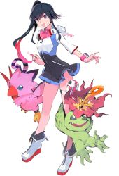 Rule 34 | 1girl, bird, black dress, black hair, blue eyes, boots, claws, creature, digimon, digimon (creature), digimon world -next 0rder-, dress, flower, flower on head, full body, goggles, goggles around neck, green eyes, multicolored clothes, multicolored dress, multicolored hair, official art, open mouth, palmon, pantyhose, pink wristband, piyomon, plant, ponytail, pouch, purple eyes, shiki (digimon world -next 0rder-), short dress, smile, streaked hair, taiki (luster), teeth, tongue, transparent background, white dress, white footwear, wristband