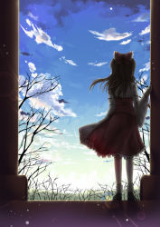 Rule 34 | 1girl, bad id, bad pixiv id, bare tree, bow, brown hair, cloud, day, detached sleeves, female focus, from behind, hair bow, hakurei reimu, shoes, sky, socks, solo, sousouman, standing, sunlight, touhou, tree, winter
