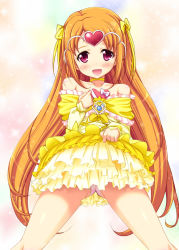 Rule 34 | 10s, 1girl, bare shoulders, blush, bow, choker, circlet, clothes lift, cure muse, cure muse (yellow), dress, dress lift, heart, long hair, magical girl, neck ribbon, orange hair, panties, pink eyes, precure, ribbon, shirabe ako, shiwo, smile, solo, suite precure, underwear, white background, yellow bow