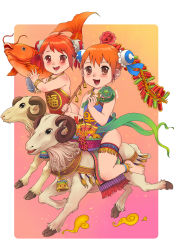 Rule 34 | 2girls, a-801, animal, anklet, barefoot, bell, bracelet, chinese clothes, chinese new year, dudou, feet, firecrackers, fish, flower, goat, gradient background, highres, horns, jewelry, multiple girls, original, ram (animal), red hair, sheep