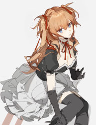 Rule 34 | 1girl, alternate costume, black gloves, black thighhighs, blue eyes, breasts, choker, cleavage, dress, elbow gloves, feet out of frame, frilled choker, frilled dress, frills, gloves, grey background, hair ribbon, highres, kumatangent, long hair, looking at viewer, neon genesis evangelion, orange hair, parted lips, puffy short sleeves, puffy sleeves, red ribbon, ribbon, ribbon choker, short sleeves, sitting, solo, souryuu asuka langley, thighhighs, two side up, white choker, yokozuwari