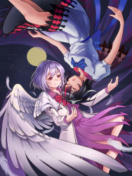 Rule 34 | 2girls, arrow print, bare legs, beige jacket, black hair, blood, blood from mouth, blue neckwear, blue ribbon, bow, closed eyes, closed mouth, commentary request, dress, feathered wings, feathers, floating, highres, horns, jacket, joeychen, kijin seija, kishin sagume, moon, motherly, multicolored hair, multiple girls, pink eyes, puffy short sleeves, puffy sleeves, purple dress, red bow, red hair, ribbon, short sleeves, silver hair, single wing, smile, streaked hair, touhou, upside-down, wings