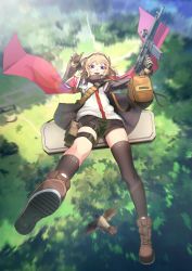 Rule 34 | 1girl, armband, assault rifle, asymmetrical legwear, backlighting, bag, bird, black shorts, black socks, blonde hair, boots, brown bag, brown footwear, brown jacket, cross-laced footwear, day, falling, finger gun, forest, full body, girls&#039; frontline, gloves, gun, hairband, highres, holding, holding gun, holding weapon, jacket, kneehighs, leg strap, looking at viewer, nature, open clothes, open jacket, open mouth, outdoors, pouch, radio, red eyes, red scarf, rifle, scarf, scw (girls&#039; frontline), scw (gun), short hair, short shorts, shorts, shoulder bag, shoulder strap, single kneehigh, single sock, single thighhigh, smile, socks, solo, thigh pouch, thigh strap, thighhighs, tree, uneven legwear, vikpie, weapon