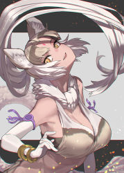 Rule 34 | 1girl, animal ear fluff, animal ears, bare shoulders, breasts, brown eyes, brown hair, don3, elbow gloves, embers, facial mark, fang, floating hair, forehead mark, from side, fur collar, gloves, grey hair, indian wolf (kemono friends), kemono friends, large breasts, light brown hair, light smile, long hair, looking at viewer, multicolored hair, parted lips, solo, stomach, tail, tan, two-tone hair, very long hair, wolf ears
