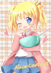 Rule 34 | 10s, 1girl, ;d, alice cartelet, blonde hair, blue eyes, blush, character name, hair ornament, heart, highres, kin-iro mosaic, mixing bowl, one eye closed, open mouth, plaid, plaid background, school uniform, skirt, smile, solo, twintails, wink, xenon (for achieve)