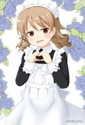 Rule 34 | 1girl, alternate costume, apron, black dress, blue flower, blue rose, blush, brown eyes, brown hair, collared dress, commentary request, dress, earrings, enmaided, floral background, flower, frilled apron, frills, hands up, heart, heart hands, highres, idolmaster, idolmaster cinderella girls, jewelry, long hair, looking at viewer, maid, maid apron, maid headdress, mitya, morikubo nono, open mouth, ringlets, rose, simple background, solo, stud earrings, sweat, twitter username, wavy mouth, white apron, white background