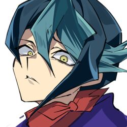 1boy close-up coat commentary_request green_hair kurosaki_shun_(yu-gi-oh!) male_focus pira_811 purple_coat simple_background solo white_background yellow_eyes yu-gi-oh! yu-gi-oh!_arc-v