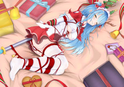 Rule 34 | 1girl, absurdres, antler ornament, antlers, arms behind back, azur lane, bdsm, bed, bed sheet, bell, blue hair, bondage, bound, breasts, christmas, gloves, highres, horns, large breasts, long hair, looking at viewer, neptune (azur lane), nipple stimulation, on bed, sex toy, socks, thighhighs, vibrator, vibrator in thighhighs, vibrator on nipple, vibrator under clothes, white gloves, white thighhighs, yellow eyes