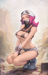 Rule 34 | 1girl, bandana, bandana over mouth, bare shoulders, between legs, bikini, black bikini, boots, breasts, cleavage, clothes lift, covered mouth, creatures (company), game freak, groin, hand between legs, looking at viewer, medium hair, micro bikini, navel, nintendo, own hands together, pink eyes, pink hair, pokemon, pokemon swsh, shirt lift, shoes, short shorts, shorts, sitting, skull-shaped hat, solo, stomach, swimsuit, tank top, team skull, team skull grunt, tiptoes, torn clothes, torn shorts, wristband, yugen99