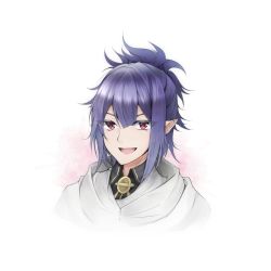 Rule 34 | 10s, 1boy, bad id, bad pixiv id, blue hair, cape, lacus welt, male focus, nangolf, open mouth, owari no seraph, pointy ears, ponytail, portrait, red eyes, simple background, solo, white background
