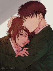 Rule 34 | 1boy, 1other, artist name, bags under eyes, black eyes, black hair, brown eyes, brown hair, collared shirt, eyepatch, frown, glasses, green jacket, half updo, hand on another&#039;s arm, hand on another&#039;s head, hange zoe, head on chest, hug, jacket, levi (shingeki no kyojin), long sleeves, looking at another, looking to the side, mo cha ri, parted lips, shingeki no kyojin, shirt, short hair, simple background, twitter username, white background, white shirt