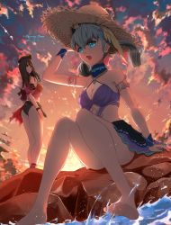 Rule 34 | 2girls, ass, barefoot, breasts, cleavage, evening, full body, grey hair, hand on headwear, hat, head wings, highres, medium breasts, melia antiqua, mercury xeno, multiple girls, rock, sharla (xenoblade), sitting, standing, straw hat, swimsuit, water, wings, xenoblade chronicles (series), xenoblade chronicles 1
