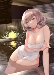 Rule 34 | 1girl, absurdres, arm support, arm under breasts, bathing, blue eyes, blush, breasts, cleavage, collarbone, dripping, grey hair, grin, hand up, head tilt, highres, holding own arm, large breasts, light, mole, mole on breast, naked towel, narushima kanna, night, onsen, original, refraction, see-through, shiny skin, signature, smile, solo, thick thighs, thighs, towel, wading, water, wet, wet towel, wide hips