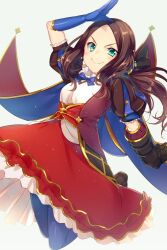 Rule 34 | 1girl, black bow, blue cape, blue gloves, blue pantyhose, blush, bow, breasts, brown cape, brown dress, brown hair, cape, dress, echo (circa), elbow gloves, fate/grand order, fate (series), forehead, gauntlets, gloves, gold trim, green eyes, hair bow, leonardo da vinci (fate), leonardo da vinci (fate/grand order), leonardo da vinci (rider) (fate), long hair, looking at viewer, pantyhose, parted bangs, ponytail, puff and slash sleeves, puffy short sleeves, puffy sleeves, red skirt, short sleeves, single gauntlet, skirt, small breasts, smile, solo, thighs