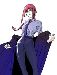 Rule 34 | 1girl, bithmath, black necktie, black pants, braid, braided ponytail, chainsaw man, coat, unworn coat, collared shirt, formal, highres, long hair, looking to the side, makima (chainsaw man), necktie, pants, red hair, shirt, shirt tucked in, sidelocks, simple background, solo, suit, white background, yellow eyes