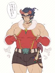 Rule 34 | 1boy, bara, belt, blue hair, broken horn, brown shorts, bulge, christmas, dark blue hair, demon boy, demon horns, facial hair, fang, feet out of frame, fiery horns, highres, horns, kaniharu, large pectorals, long sideburns, male focus, mature male, muscular, muscular male, nipples, official alternate costume, pectorals, santa costume, short hair, shorts, sideburns, sidepec, solo, stubble, takemaru (housamo), thick eyebrows, thick thighs, thighs, tokyo houkago summoners, translation request