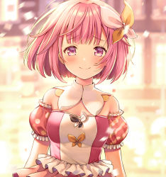 Rule 34 | 1girl, asymmetrical sleeves, banned artist, bare shoulders, blurry, blurry background, blush, breasts, closed mouth, commentary request, confetti, depth of field, detached sleeves, frilled sleeves, frills, hair ornament, highres, looking at viewer, medium breasts, mismatched sleeves, ootori emu, pink hair, project sekai, puffy short sleeves, puffy sleeves, purple eyes, revision, short sleeves, smile, solo, yuuka nonoko