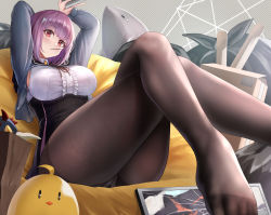 Rule 34 | 1girl, 1other, absurdres, arms up, ass, azur lane, black pantyhose, breasts, broken, broken glass, clothes lift, crossed legs, eating, feet, food, glass, gridman (character), gridman universe, highres, large breasts, leaning back, looking at viewer, manjuu (azur lane), mouth hold, numaguro (tomokun0808), panties, pantyhose, picture frame, pink hair, pocky, purple hair, red eyes, shinjou akane, short hair, sitting, skirt, skirt lift, ssss.gridman, thick thighs, thighs, trash bag, underwear, white panties