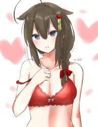 Rule 34 | 1girl, :d, ahoge, bare shoulders, black hair, blue eyes, bow, bra, braid, breasts, cleavage, collarbone, commentary request, hair bow, hair flaps, hair ornament, hair ribbon, heart, highres, kantai collection, long hair, looking at viewer, open mouth, red bra, ribbon, shigure (kancolle), shigure kai ni (kancolle), signature, simple background, single braid, sketch, smile, solo, underwear, white background, yamamura umi