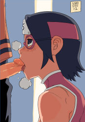 Rule 34 | 1boy, 1girl, 2020, ac120, age difference, alley, bare shoulders, black hair, black pants, blush, boruto: naruto next generations, clothed oral, dated, dress, drooling, erection, fellatio, from side, glasses, headband, heavy breathing, hetero, highres, kneeling, konohagakure symbol, licking, licking penis, looking at another, naruto (series), older man and younger girl, oral, orange shirt, pants, penis, profile, red-framed eyewear, red dress, red headband, saliva, shirt, short hair, sidelocks, sleeveless, solo focus, tongue, tongue out, uchiha sarada, unbuttoned pants, uncensored, uzumaki naruto
