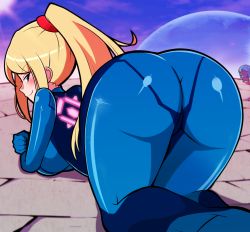 Rule 34 | 2girls, all fours, ass, blonde hair, blue eyes, blue hair, blush, bodysuit, breasts, butt crack, chibi, colored skin, come hither, dark samus, from behind, gloves, hip focus, huge ass, iriomote umineko, large breasts, long hair, looking at viewer, looking back, metroid, metroid prime, multiple girls, naughty face, nintendo, ponytail, purple skin, samus aran, seductive smile, shiny clothes, skin tight, smile, thick thighs, thighs, wide hips, zero suit