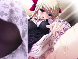 Rule 34 | 1girl, blonde hair, blue eyes, blush, game cg, hell guide, indoors, long hair, m no violet, solo