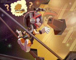 Rule 34 | 1boy, ?, alternate costume, antennae, artist name, brown eyes, charmy bee, charuzu2712, english text, full body, furry, furry male, gloves, helmet, highres, honeycomb (object), open mouth, reflection, shoes, solo, sonic (series), space, space helmet, speech bubble, star (sky), white gloves