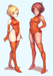 2girls, absurdres, aomoro, arms at sides, bangs, bare shoulders, blonde hair, blue eyes, boots, breasts, brown hair, closed mouth, commentary, covered collarbone, covered navel, crossed legs, dark skin, elbow gloves, full body, gloves, groin, hair bun, hands on hips, highleg, highleg leotard, highres, impossible clothes, impossible leotard, legs crossed, leotard, looking at viewer, medium breasts, megami device, multiple girls, orange footwear, orange gloves, orange leotard, parted bangs, shadow, shiny, shiny hair, short hair, sidelocks, simple background, small breasts, smile, sol hornet, sol road runner, standing, thigh boots, thighhighs, tsurime, watson cross, white background
