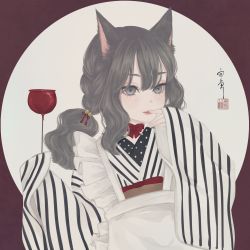 Rule 34 | 1girl, absurdres, animal ear fluff, animal ears, apron, bell, bow, braid, brown background, candy apple, cat day, cat ears, cat girl, choker, circle, finger to mouth, food, frilled apron, frills, grey eyes, grey hair, hair bell, hair ornament, highres, holding, holding food, japanese clothes, jingle bell, kimono, light smile, long sleeves, looking at viewer, maid, obi, obiage, original, outside border, polka dot, red bow, red choker, red ribbon, ribbon, ribbon choker, sash, seal impression, sidelocks, signature, sleeves past wrists, solo, striped clothes, striped kimono, upper body, ushiyama ame, vertical stripes, wa maid, white apron, white background, white kimono
