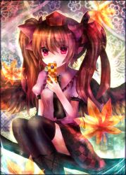 Rule 34 | 1girl, bad id, bad pixiv id, black thighhighs, brown hair, cellphone, female focus, hair ribbon, hat, highres, himekaidou hatate, leaf, maho moco, maple leaf, phone, red eyes, ribbon, solo, thighhighs, tokin hat, touhou, twintails, wings