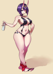 Rule 34 | 1girl, absurdres, aged up, alcohol, alternate breast size, barefoot, barefoot sandals (jewelry), breasts, cleavage, fate/grand order, fate (series), gensui (auoua), highres, horns, large breasts, liquor, looking at viewer, oni, purple eyes, purple hair, shuten douji (fate), skin-covered horns, smile, solo, thick thighs, thighs, yellow background