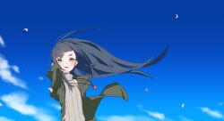 Rule 34 | 1girl, akari (raigou), blue hair, blue sky, chestnut, day, falling petals, female focus, green jacket, grey sweater, highres, jacket, jewelry, long hair, looking at viewer, necklace, open clothes, open jacket, open mouth, original, petals, pointy ears, raigou, ribbed sweater, sky, sleeveless, sleeveless sweater, solo, sweater, turtleneck, turtleneck sweater, wind, yellow eyes