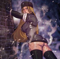 Rule 34 | 1girl, ass, black gloves, black thighhighs, blonde hair, blue eyes, blush, breasts, brick wall, buttons, coat, eyebrows, eyebrows hidden by hair, eyelashes, fur hat, fur trim, gloves, hand on wall, hat, highres, kolin, large breasts, lips, long hair, nastacic, parted lips, skindentation, snow, solo, standing, steam, street fighter, street fighter v, sweat, thick thighs, thighhighs, thighs, ushanka, wavy hair, winter clothes, winter coat, zettai ryouiki