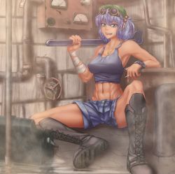 Rule 34 | 1girl, abs, alternate costume, armpits, bandaged arm, bandages, bare shoulders, black footwear, blue eyes, blue hair, boots, cigarette, contemporary, crop top, cross-laced footwear, ear piercing, earrings, goggles, goggles on head, hair bobbles, hair ornament, hat, hater (hatater), jewelry, kawashiro nitori, key, charm (object), knee boots, lace-up boots, looking at viewer, matching hair/eyes, midriff, muscular, muscular female, navel, necklace, non-web source, open mouth, piercing, short hair, shorts, sitting, sleeveless, smile, solo, tan, toned, touhou, twintails, two side up, watch