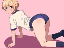Rule 34 | 1girl, all fours, ass, blonde hair, blue buruma, blue eyes, blush, buruma, commentary request, gym uniform, looking at viewer, looking back, original, pink background, short hair, simple background, socks, solo, yizumi
