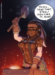 Rule 34 | 1girl, animal ears, anvil, blacksmith, blush, borrowed character, breasts, cleavage, commentary, dark skin, detached sleeves, english commentary, english text, gloves, glowing hot, hammer, headgear, highres, large breasts, lips, narrow waist, navel, original, pants, rabbit ears, topless male, speech bubble, suspenders, sweat, tongs, topless, true lolzor, uncommon stimulation, watermark, web address