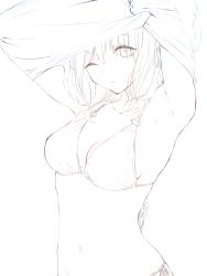 Rule 34 | 1girl, ;(, armpits, arms up, bikini, breasts, cleavage, closed mouth, collarbone, hair between eyes, highres, lineart, long hair, looking at viewer, md5 mismatch, medium breasts, navel, o-ring, o-ring bikini, original, resolution mismatch, ribbon, see-through, shirt, side-tie bikini bottom, simple background, sleeveless, sleeveless shirt, solo, source smaller, stomach, swimsuit, tentsu, undressing, upper body, white background