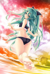 Rule 34 | 1girl, aoi hiro, ass, back, barefoot, bikini, black bikini, black ribbon, commentary request, from behind, green eyes, green hair, hair between eyes, hair flaps, hair ornament, hair ribbon, hairclip, kantai collection, long hair, looking at viewer, looking back, parted bangs, ponytail, ribbon, sidelocks, smile, solo, swimsuit, yamakaze (kancolle)